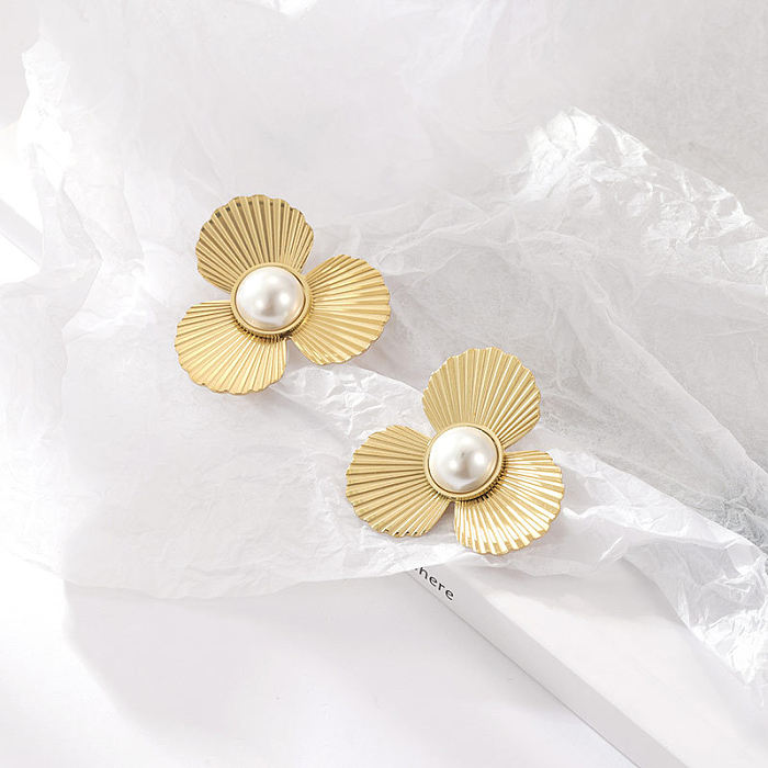 Simple Style Flower Stainless Steel Plating Inlay Artificial Gemstones Ear Studs 1 Pair