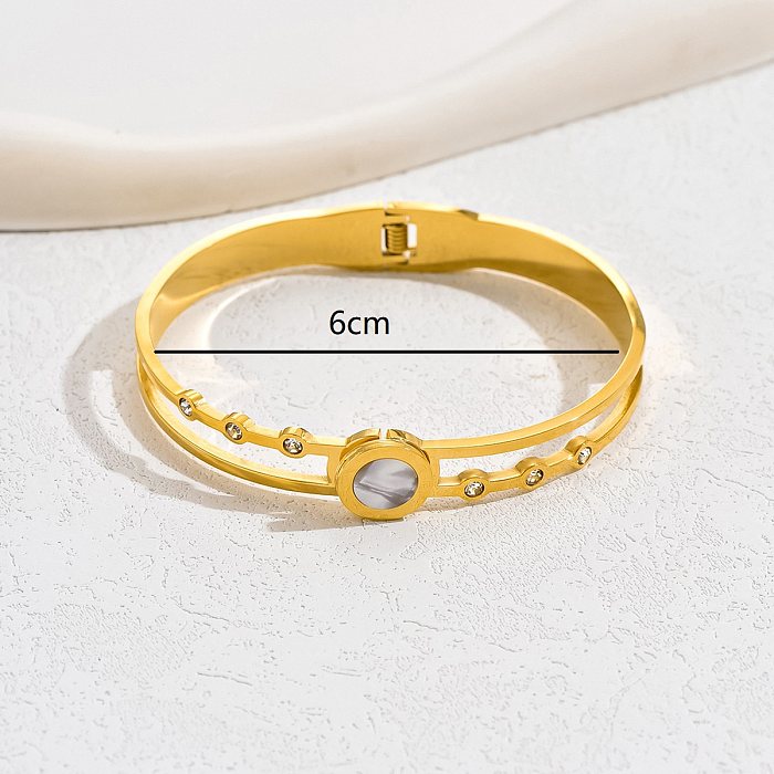 Casual Elegant Basic Heart Shape Stainless Steel Asymmetrical Hollow Out Inlay Shell 18K Gold Plated Bangle