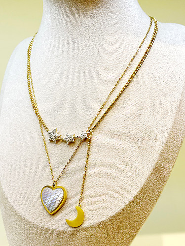 Artístico estrela lua coração forma chapeamento de aço inoxidável inlay shell zircon banhado a ouro colares em camadas