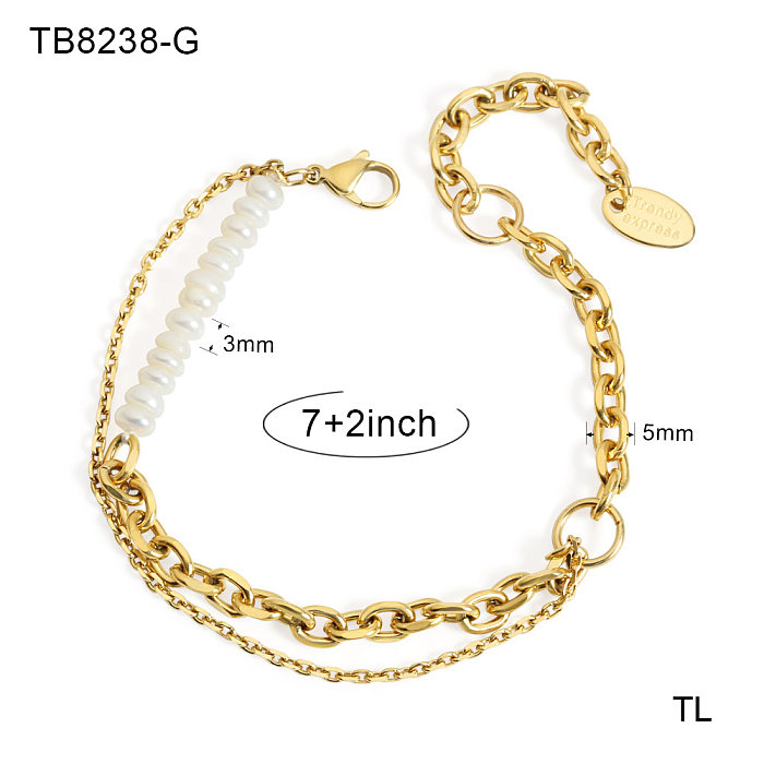 Bracelets de perles d'eau douce plaqués or 18 carats, vente en gros, bloc de couleur de Style Simple, incrustation de chaîne en acier inoxydable