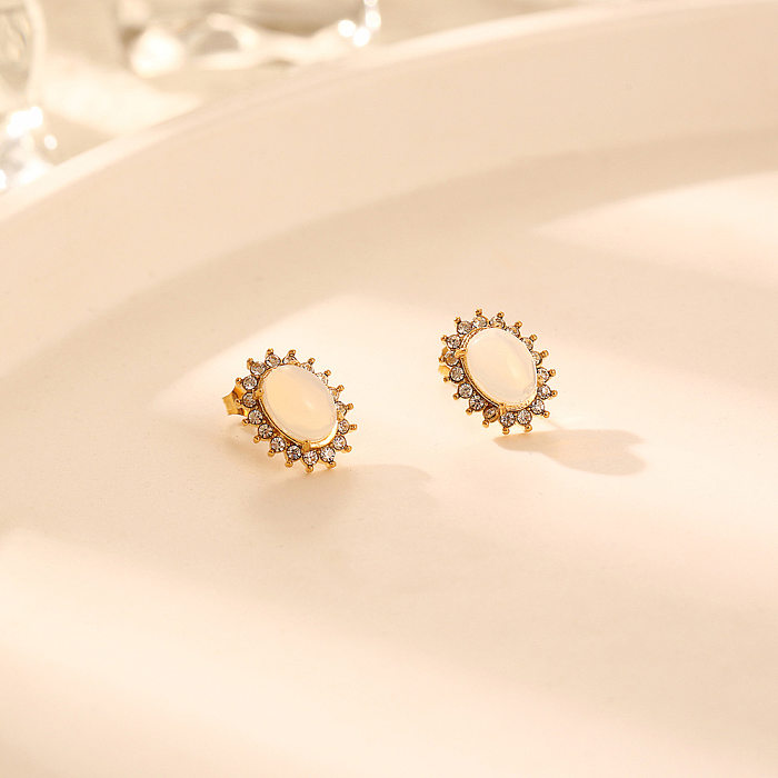 1 par de pendientes de ópalo con diamantes de imitación de acero inoxidable con incrustaciones ovaladas de estilo Simple