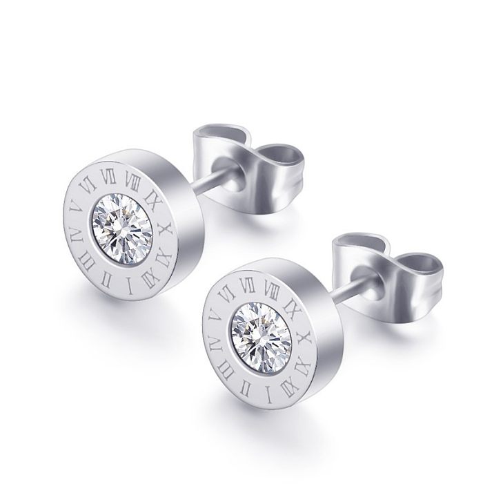 IG Style Round Roman Numerals Stainless Steel  Artificial Rhinestones Ear Studs