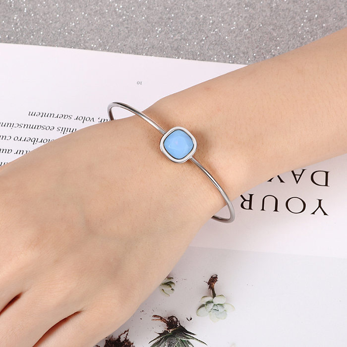 European And American Fashion Simple Women's Stainless Steel Bracelet Creative Square Multi-Color Zircon Opening Bracelet Wholesale