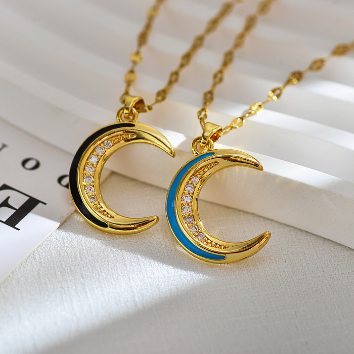 Elegante, luxuriöse Mond-Anhänger-Halskette aus Edelstahl, Kupfer-Emaille-Beschichtung, Inlay, Zirkon, 18 Karat vergoldet