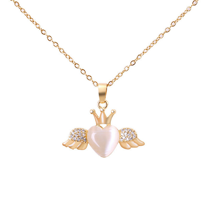 Collar de ópalo con diamantes de imitación y incrustaciones de acero inoxidable con alas en forma de corazón a la moda, 1 pieza