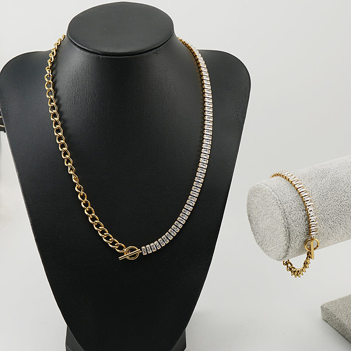 Fashion Geometric Stainless Steel Bracelets Necklace Patchwork Gold Plated Rhinestones Stainless Steel Necklaces