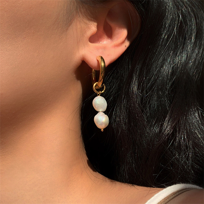 1 Pair IG Style Casual Sweet Round Plating Stainless Steel  Freshwater Pearl Gold Plated Drop Earrings