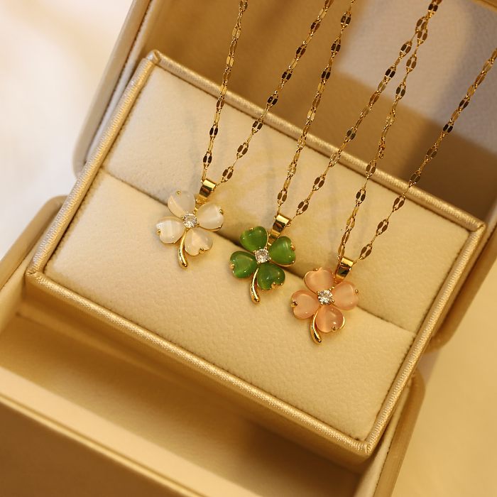 Fashion Four Leaf Clover Stainless Steel Inlay Opal Necklace