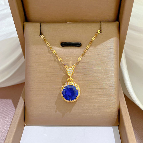 Fashion Round Stainless Steel Copper Plating Inlay Zircon Pendant Necklace