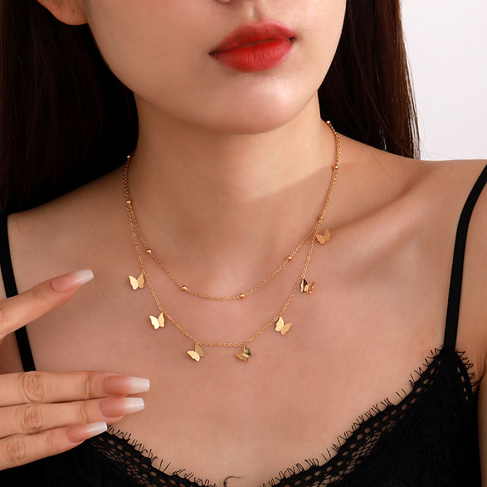 Casual Streetwear Butterfly Stainless Steel  Plating 18K Gold Plated Layered Necklaces