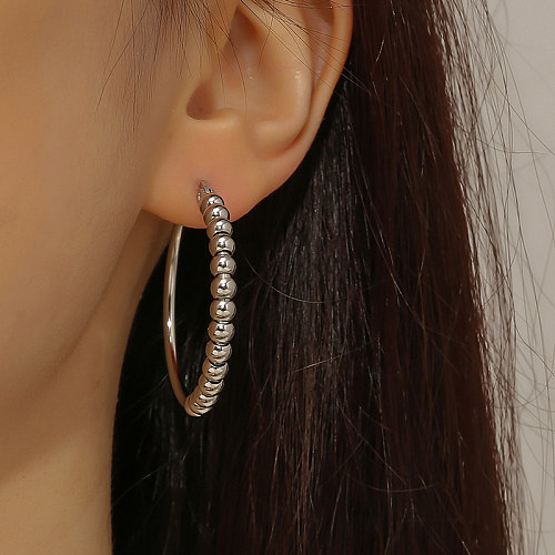 1 Pair Lady Round Stainless Steel Beaded Polishing Hoop Earrings