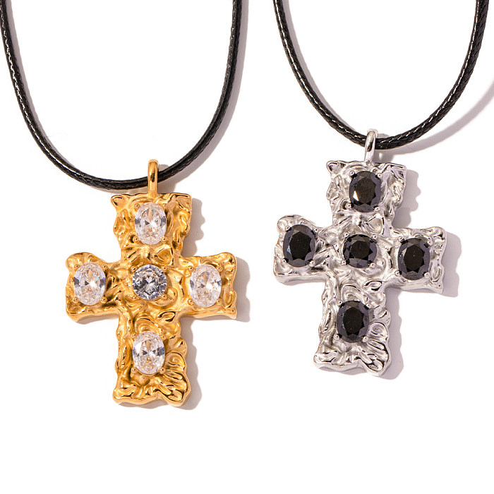 IG Style Cross Stainless Steel  Plating Inlay Zircon 18K Gold Plated Necklace
