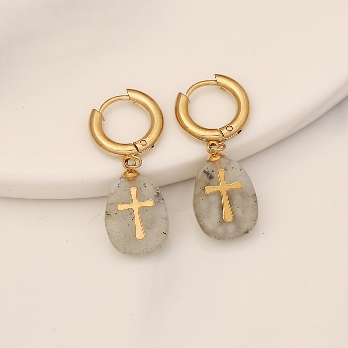 1 Paar Retro-Kreuz-Ohrringe aus Edelstahl mit Naturstein und eingelegtem Gold