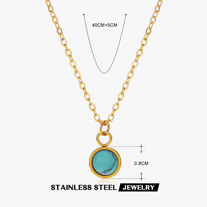 Collier pendentif rond en acier inoxydable, Style Simple, Streetwear, incrustation de Malachite Turquoise, plaqué or 18 carats