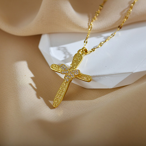 Simple Style Commute Cross Stainless Steel Copper Plating Inlay Zircon Pendant Necklace