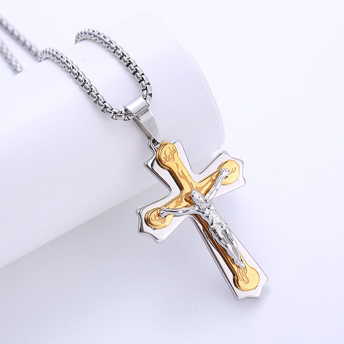 Collier pendentif rétro en acier inoxydable avec croix