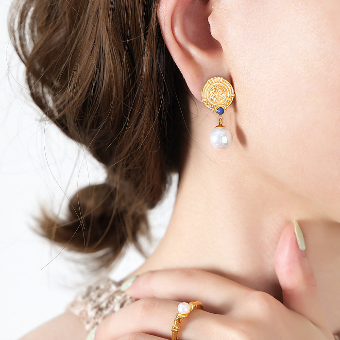 1 paire de boucles d'oreilles rondes élégantes de Style IG, incrustation de perles de verre en acier inoxydable, plaquées or 18 carats