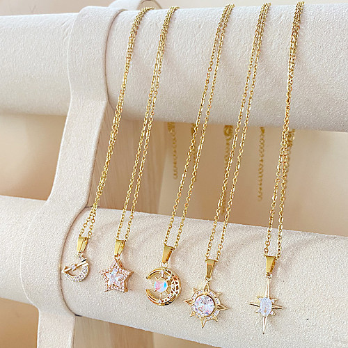 Fairy Style Korean Style Starry Sky Moon Stainless Steel  Copper Plating Inlay Zircon Gold Plated Pendant Necklace