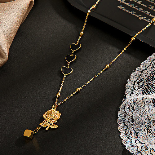 Collar con colgante chapado en oro esmaltado de acero inoxidable con forma de corazón y flor a la moda, 1 pieza