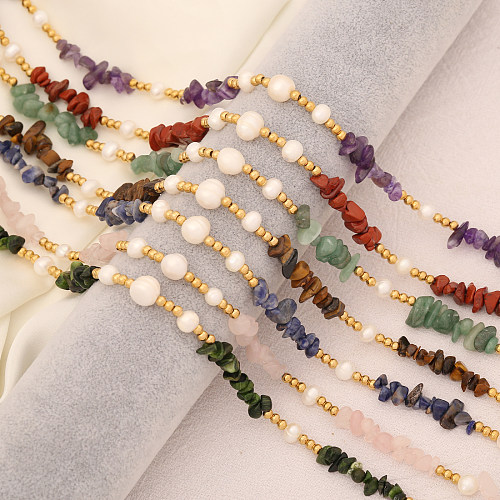 Collar hecho a mano con piedra natural de perlas de imitación de acero inoxidable con estampado de estilo simple de vacaciones