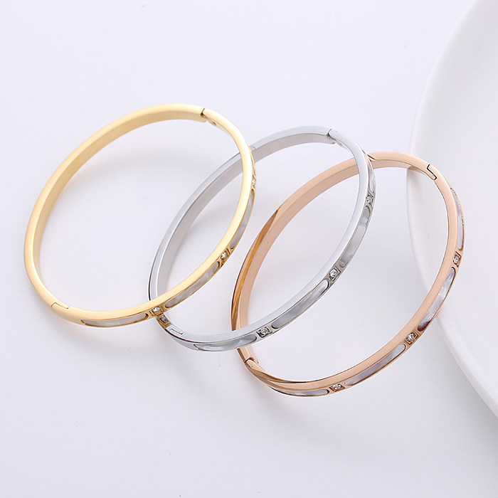 Estilo simples geométrico chapeamento de aço inoxidável strass shell bangle 1 peça