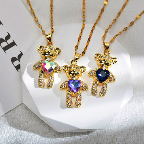 Cute Animal Bear Heart Shape Stainless Steel Copper Inlay Zircon Pendant Necklace