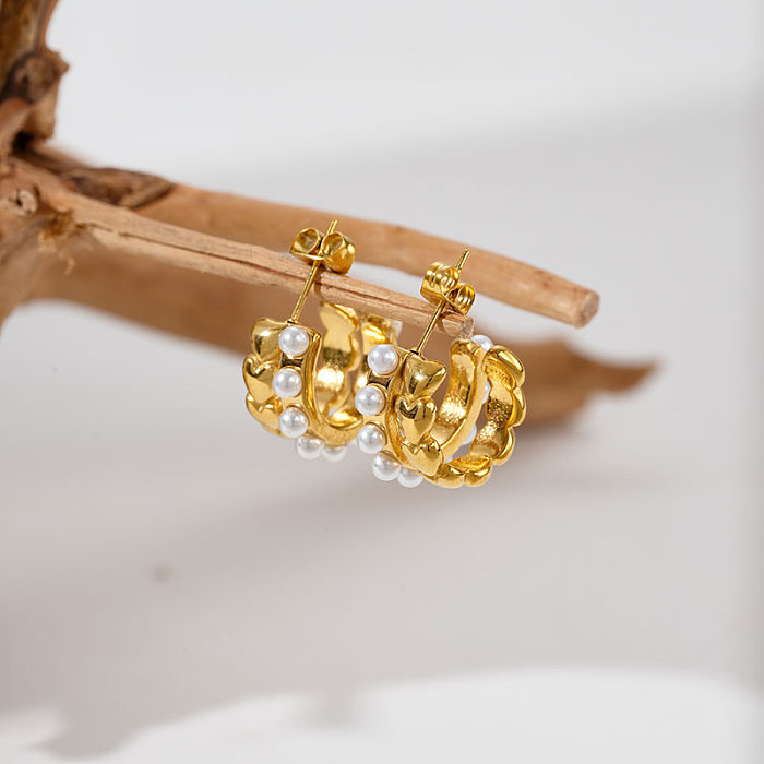 1 Paar moderne Ohrringe im schlichten Stil mit C-Form-Beschichtung und Inlay aus Edelstahl mit Perlenvergoldung