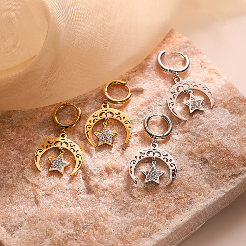 1 paire de boucles d'oreilles pendantes en acier inoxydable et Zircon plaqué or 18 carats, Style Simple, étoile, lune, incrustation