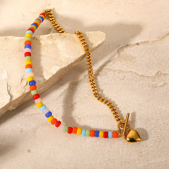 INS Style coloré en céramique perles couture chaîne à maillons cubains en or 18 carats OT boucle amour pendentif en acier inoxydable collier cou accessoires femme