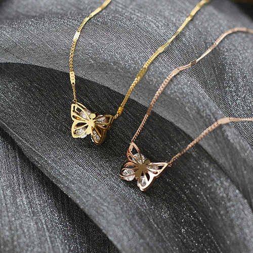 Collier en acier inoxydable avec papillon creux en Zircon, bijoux, vente en gros