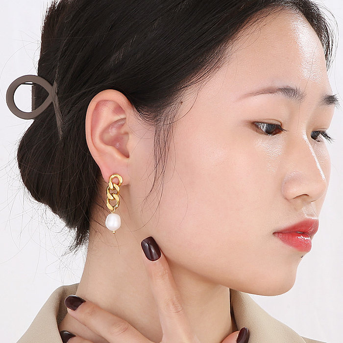 1 Paar moderne, schlichte Ketten-Ohrringe aus Edelstahl mit 18-Karat-Vergoldung