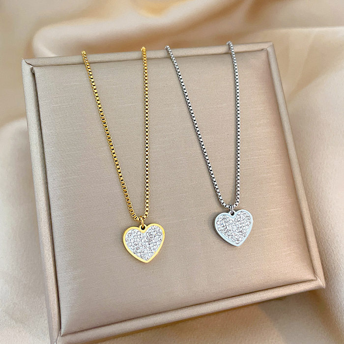 Fashion Heart Shape Stainless Steel Inlaid Zircon Pendant Necklace 1 Piece