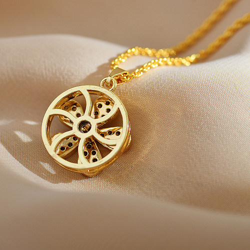 Elegant Simple Style Flower Stainless Steel Copper Plating Hollow Out Inlay Zircon Gold Plated Pendant Necklace