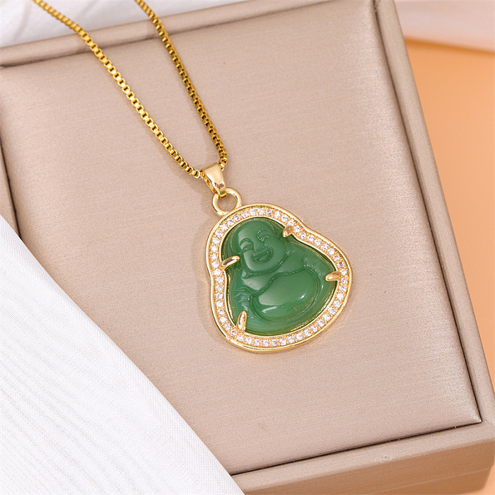Classical Portrait Stainless Steel  Stainless Steel Plating Inlay Jade Zircon 18K Gold Plated Gold Plated Pendant Necklace