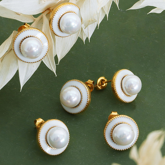 Pendientes chapados en oro de 1 quilates con incrustaciones geométricas de estilo barroco elegante, perlas artificiales de acero inoxidable, 18 par