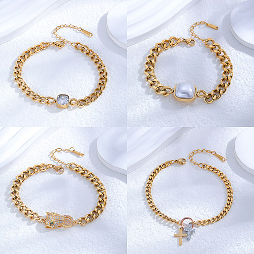 Vintage Style Classic Style Cross Square Titanium Steel Plating Inlay Zircon 24K Gold Plated Bracelets