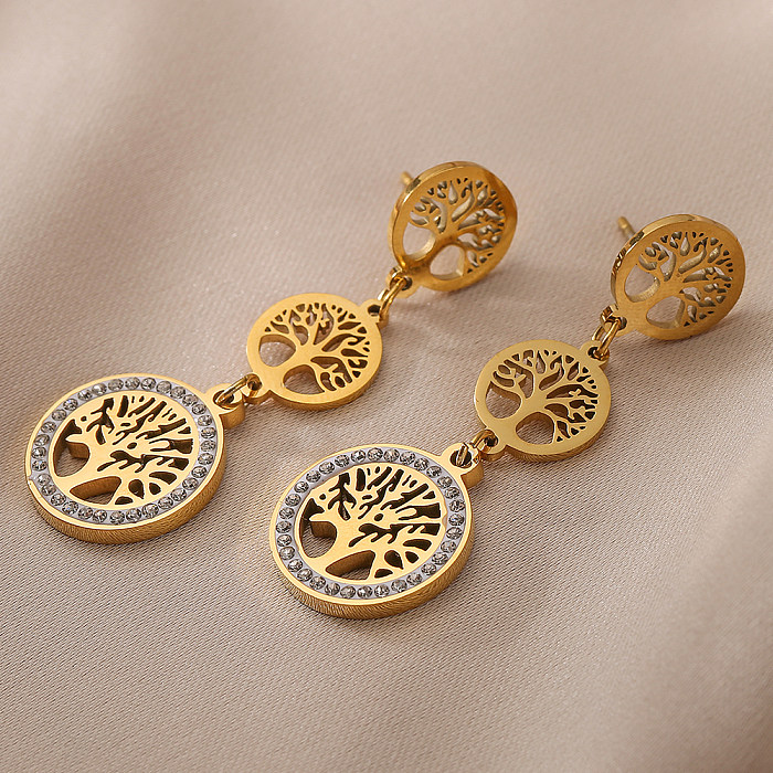 1 paire de boucles d'oreilles pendantes en Zircon avec incrustation d'arbre de Style moderne en acier inoxydable