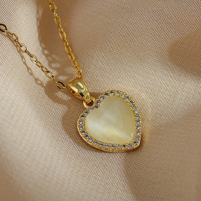 Collier pendentif en forme de cœur, Style Simple et décontracté, en acier inoxydable, placage de cuivre, incrustation de strass