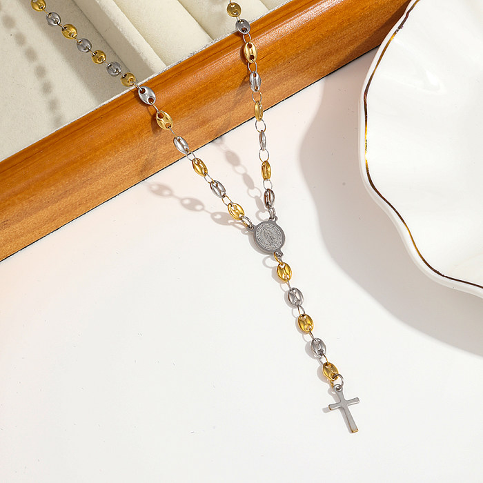 Elegante klassische Kreuz-Jungfrau-Maria-Halskette aus Edelstahl mit 18-Karat-Vergoldung