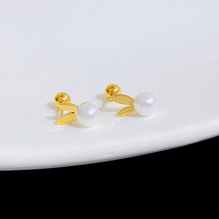 Retro Rabbit Stainless Steel Plating Artificial Pearls Ear Studs 1 Pair