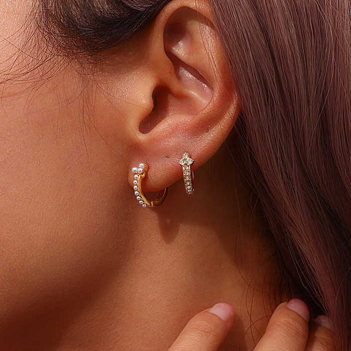Boucles d'oreilles géométriques en acier inoxydable, incrustation de perles artificielles, Zircon, 1 paire