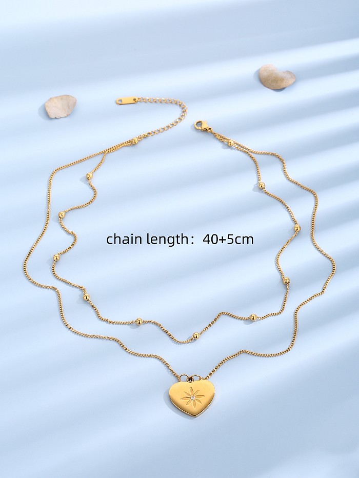 Elegante Damen-Halskette in Herzform, Edelstahl, Polierbeschichtung, Inlay, Zirkon, 18 Karat vergoldet, mehrschichtige Halsketten