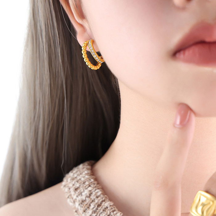 1 Pair Elegant Glam C Shape Plating Inlay Stainless Steel Rhinestones 18K Gold Plated Ear Studs