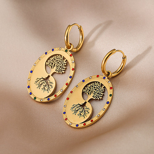 1 Pair Vintage Style Lucky Tree Stainless Steel Plating Inlay Zircon 18K Gold Plated Drop Earrings
