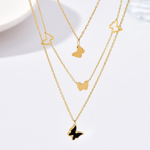 Fashion Butterfly Stainless Steel  Butterfly Inlay Shell Layered Necklaces 1 Piece