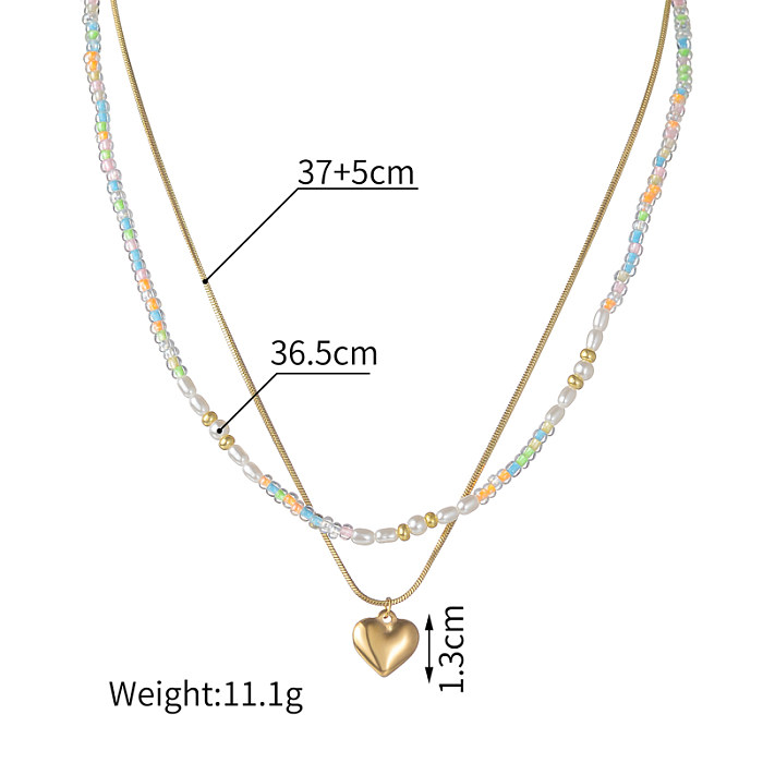 Baroque Style Sweet Heart Shape Stainless Steel  Beaded Plating 18K Gold Plated Double Layer Necklaces