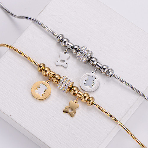 Moda feminina estilo simples urso titânio aço strass pulseiras diamante pulseiras de aço inoxidável