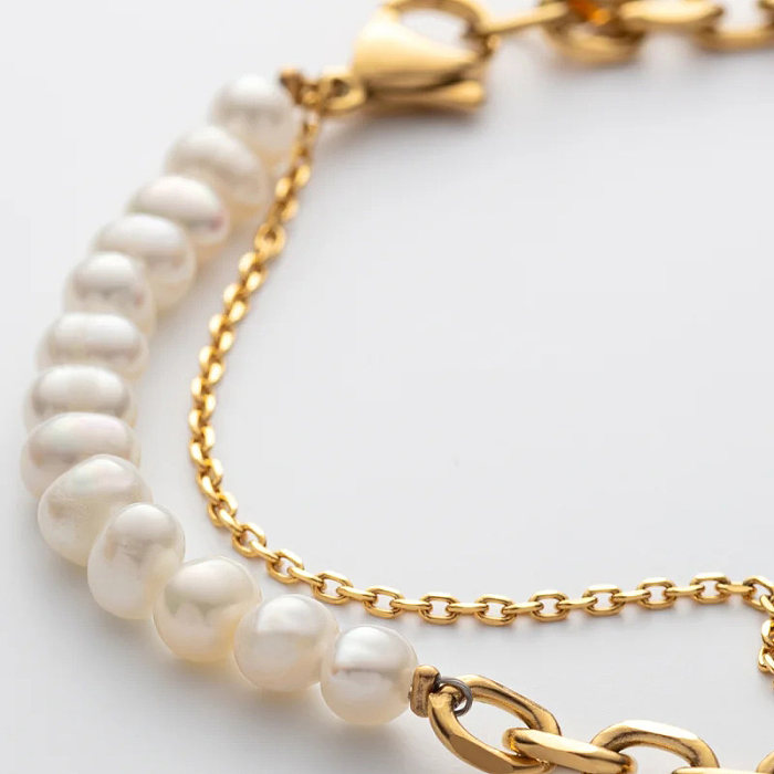 Bracelets de perles d'eau douce plaqués or 18 carats, vente en gros, bloc de couleur de Style Simple, incrustation de chaîne en acier inoxydable