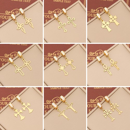 Pendientes colgantes de circonita con incrustaciones de acero inoxidable con forma de cruz de estilo simple retro de 1 pieza