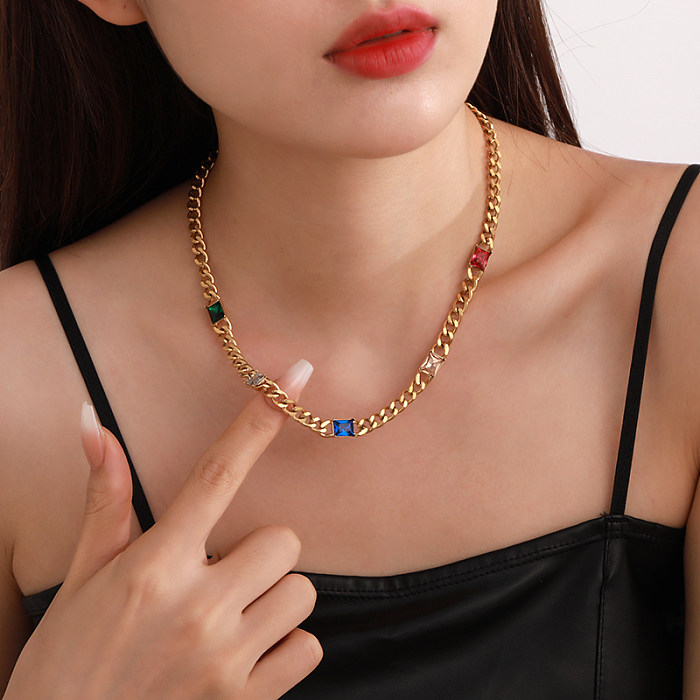 Streetwear Rectangle Stainless Steel  Plating Inlay Zircon 18K Gold Plated Necklace